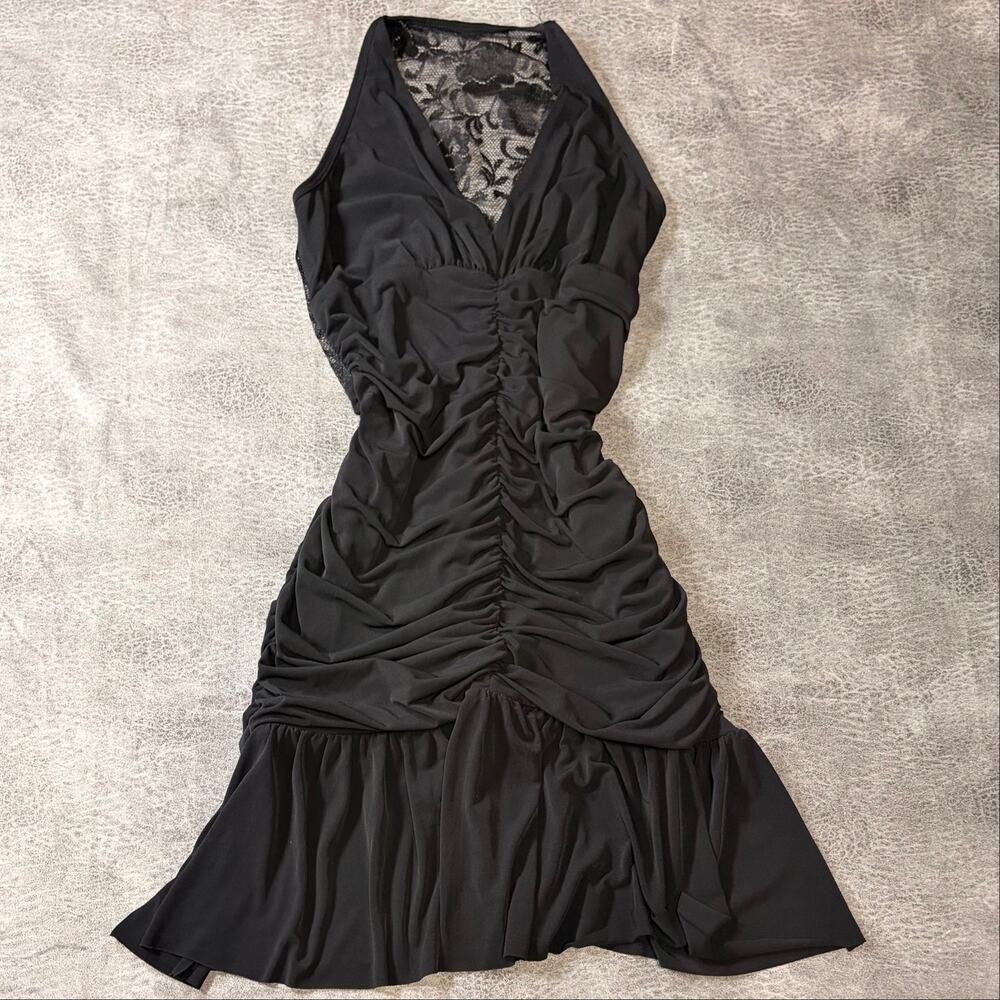 Vintage Black Ruched Lace Dress